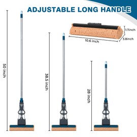 Sponge Mop for Floor Cleaning, 50" Heavy Duty Roller Mop with 4 Cellulose Refill Heads, Easy Self-Squeeze for Hardwood Tile Concrete, Wall Ceiling