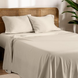 Bare Home 100% Organic Cotton Jersey Sheet Set, Ultra Soft, 100% Cotton - Sheet Set & Pillowcases - Deep Pocket Bed Sheets (Queen, Sand)