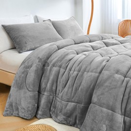 HCORA Faux Fur King Size Comforter Set - Ultra Cozy Warm Fluffy Plush Velvet Bed Comforter, 3 Piece Reversible Soft Fuzzy Fleece Bedding Comforter Sets for Winter, Non-Shedding (90"x104", Light Grey)