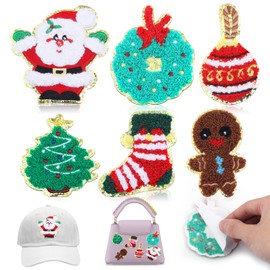 6Pcs Christmas Self Adhesive Chenille Patches Glitter Santa Claus Garlands Gingerbread Man Christmas Stockings Candy Chenille Patches for Clothes Dress Hat Socks Jeans DIY Accessories