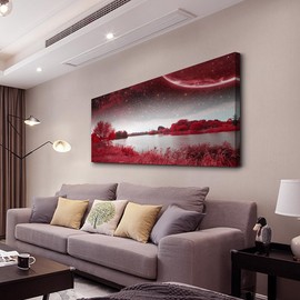 Wapluam Farmhouse Wall Art For Living Room Large Canvas Wall Decor Office Pictures Red Lakes And Trees Landscape Wall Painting Prints Artwork Ready To Hang Bedroom Home Decor Art Works 48" X 24"