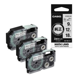 Casio Label Writer Nameland 3-Piece Set of 3, 0.45, 0.5, 0.75, 0.7 inches (9 mm), 0.55 inches (12 mm), 0.7 inches (18 mm), Clear Tape, Black Character