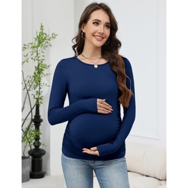 LOMON Maternity Shirts Casual Long Sleeve Tops for Women Crew Neck Fleece Base Layer Thermal Underwear Side Ruched Pregnancy Clothes Navy Blue M