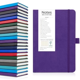 Notes London Luxury Italian style A5 Notebook with Stitched Hardcover, 100gsm Lined Numbered & Date Marked Pages, 2x Ribbons, Pen Loop, Contents Page, Paper Pocket, Medium Journal (Purple)