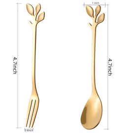 AnSaw 20-Pc Mini Gold Coffee Spoons & Dessert Forks Set, 4.7" Stainless Steel Leaf Handle, Ideal for Tea, Appetizers, Tastings - Perfect for Party, Charcuterie, Cocktails