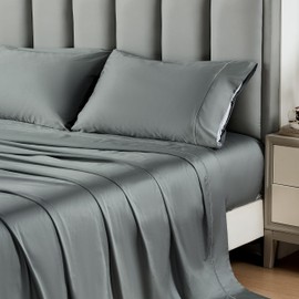 Simple&Opulence 100% Egyptian Cotton Sheet Set 400 Thread Count 4Pc Set Embroidery Design Long Staple Pure Soft Sateen Weave Bed Sheet - Grey, Queen Size