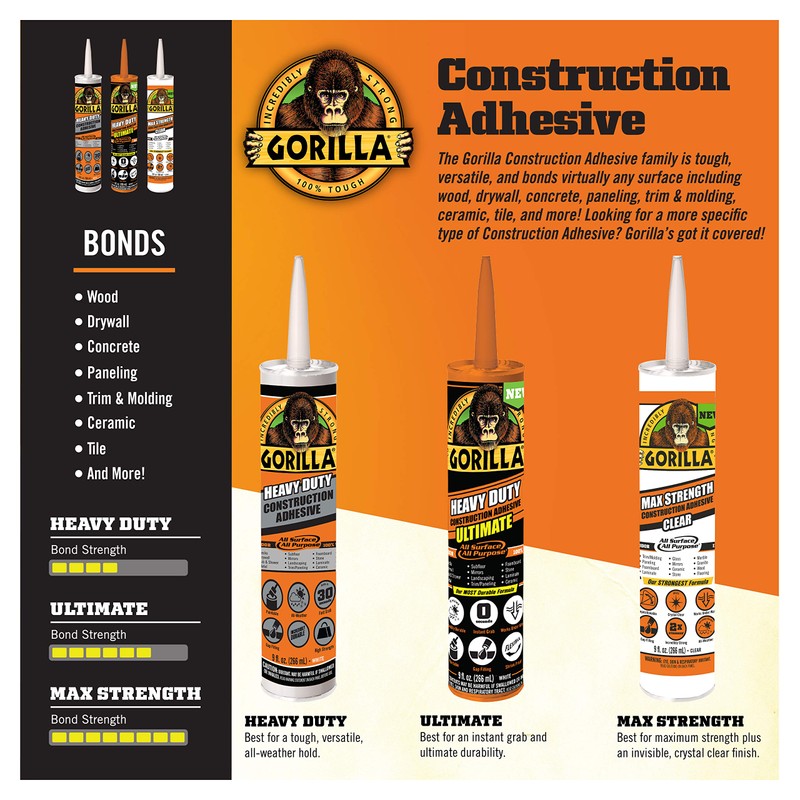 Gorilla Heavy Duty Ultimate Construction Adhesive, 9 Ounce Cartridge, White,