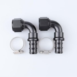AC PERFORMANCE 2PCS 90 Degree Female -12 AN to 3/4" Push Lock Hose End Barb Fitting Aluminum Black with Clamp