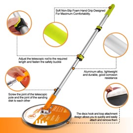 POLIWELL 9 Inch Drywall Pole Sander with 3-Foot Extension Pole - 360° Rotary Sanding Head for Walls & Ceilings, Includes 12 pcs Sanding Discs (100/180/240 Grits)