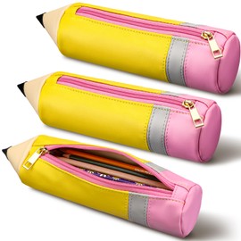 Kisston 3 Pcs Pencil Shaped Case, Leather Teacher Pencil Pouch, Cute 3D Dimensional Pen Holder with Zipper, Funny Large Capacity Pen Bag for Teacher Gifts (Classic)