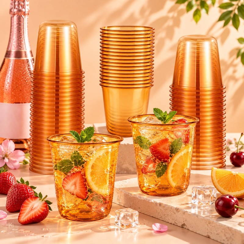 100 Pack 12oz Clear Orange Disposable Stemless Wine Glasses