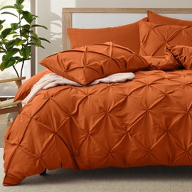VACVELT 5 Piece Pinch Pleated Duvet Cover Full/Queen Size Set, Burnt Orange Pintuck Duvet Cover with Zipper & 8 Ties, Shabby Chic Microfiber Duvet Cover + 2 Pillow Shams + 2 Pillowcases, No Comforter