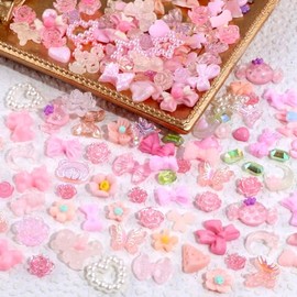 100pcs 3D Flowers for Nails Charms Pink Bow Flower Nail Charms Rose Camellia Resin Charms for Nails Design Heart Butterfly Star Moon Bear Multi Shapes Nail Art Charms Nail Jewels for Nail Art Supplies