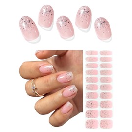 AutyaMee Semi Cured Gel Nail Strips (White Glitter Tip), 20 Pcs Pink Gel Nail Wraps, Stickers, UV Light Required, Salon Quality, Long Lasting