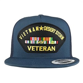 Armycrew 5 paneles Vietnam and Desert Storm Veteran Patch Flatbill Mesh Snapback, Azul marino/flor y brillo, Talla única