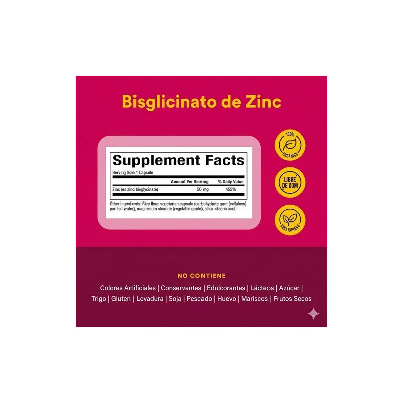 Bisglicinato De Zinc 50mg 60 Capsulas Natural Factors Sin Sabor