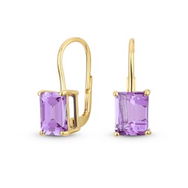 Traditional Gemstone Nano Purple Amethyst Emerald Cut Drop Earrings For Women Hinge Lever Back Yellow Gold Plated .925 Sterling Silver
