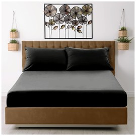 King Size Fitted Sheet Black - Plain Bedding Sheet With Elastic Corner - Polyester Fabric Bedsheet