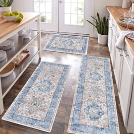 Pauwer Boho Kitchen Rugs Sets of 3 Non Slip Rubber Kitchen Mats for Floor Waterproof Kitchen Rugs and Mats Washable Farmhouse Kitchen Area Rug Floor Carpet Runner Rugs for Hallway Laundry Room