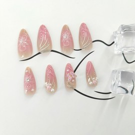 Almond Press on Nails Medium Fake Nails with 3D Flower Pearl Designs Pink Nude Ombre Acrylic Nails Glossy Nails Press ons Butterfly Glue on Nails Summer False Nails Cute Stick on Nails for Women 24Pcs