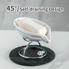 Dobbyby Leaf-Shaped Soap Dish – Premium Ceramic Soap Bar Holder with Self-Drainage System – Bar Soap Holder for Shower, Bathroom Sink, Kitchen – Waterfall Soap Dish with Stainless Steel Stand (SLIVER)