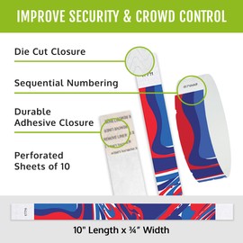 500 WristCo Red, White, and Blue Tyvek Wristbands for Events – Security Cuts & Tamper-Proof Design to Prevent Reuse – Premium-Grade Bracelets for Hospital & Medical ID, Party & VIP Identification