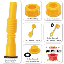 MEAJOO 1 Kit Gas Can Spout Replacement Set, Flexible and Retractable Nozzle, Durable Anti-Spill with Screw Collar Caps, Spout Cover, Base Cap, Fit for 1/2/5/10 Gallon Gas Can(Yellow)