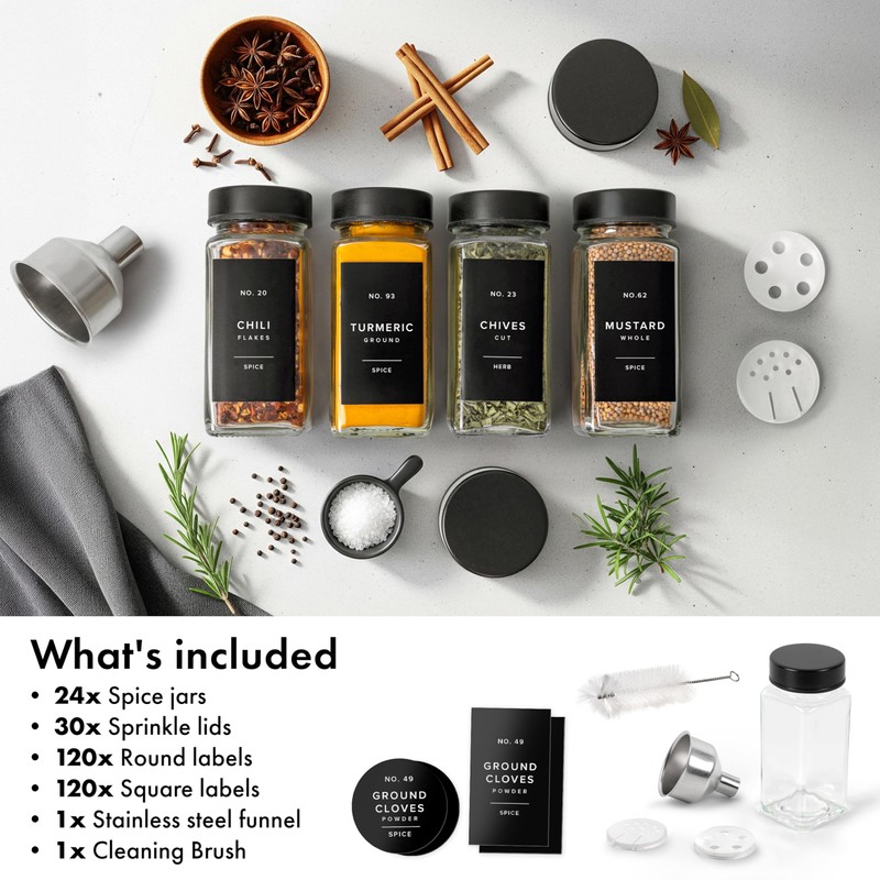 EDELHAUS Glass Spice Jars with Label and Stainless Steel Lids