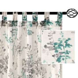 H.VERSAILTEX Linen Sheer Curtains for Living Room Sheer Panels 84 Inches Long Light Filtering Tab Top Window Treatment Drapes for Bedroom, 2 Panels, Vintage Classical Floral Print Turquoise and Taupe