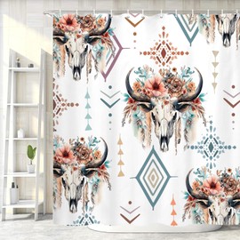 Hjokiupt - Cortina de ducha con diseño de calavera de toro occidental, diseño retro de vaca, diseño de calavera y calavera de cuerno, diseño bohemio, impermeable, juego de cortina de ducha de