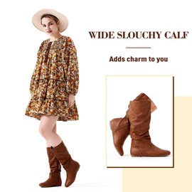 katliu Women's Flat Boots Mid Calf Slouch Boots with Side Zipper Brown US6