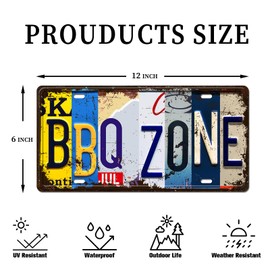 Retro Vintage License Plate Wall Decor, BBQ Zone Metal Tin Sign for Bar Home Decor Wall Plaque 12x6 Inch