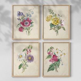 Renditions Gallery Set of 4 Peel & Stick Framed Prints, Abstract Wall Art, Victorian Flower Bouquet Wall Decor, Re-Stickable - Ready to Hang - 16"x20" - Natural Frame GAL076