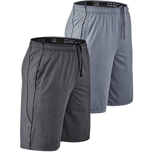DEVOPS Men's 2-Pack Loose-Fit 10" Workout Gym Shorts with Pockets (Large, Heather Carbon/Steel)