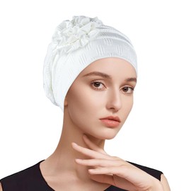 Adorila Stretch Turban Hats for Women, Beanie Headscarf Elastic Hats, Fashion Flower Knot Pre Tied Head Cap for Keep Hair Style Cap, Sleep Hat (White), White, One Size