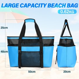RAINSMORE Beach Bag XXL Family with Zip Swimming Bag Women's Large Lightweight Mesh Beach Bag Waterproof Foldable Shoulder Bags for Beach Travel Picnic, blue