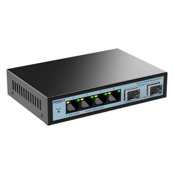 SODOLA 6 Port 2.5G Easy Web Managed Switch, 4 x 2.5G Base-T Ports, 2 x 10G SFP+, Static Aggregation/QoS/VLAN/IGMP, 2.5 GB LAN Network Switch