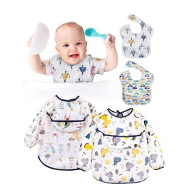 4 Packs Baby Bibs, Waterproof Toddler Bibs with Sleeve, SUPTMAX Baby Coverall Bib sleeve bibs baby Smock Bib with Pockets