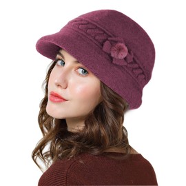 Adigaber Brim Cap Angora Hat Women's Fleece Lined Thermal Winter Hat Knitted Beret Hat Crochet Fashion Knitted Hat with Peak, dark purple