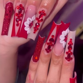 Rchovsam xl Red Press on Nails Long Square Fake Nails Press Ons Summer French Tip Red Rhinestone Floral Designs False Nails Full Cover Artificial Acrylic Fake Nails 24pcs Gift for Women