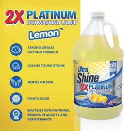 Ultra Shine™ 4 Pack 2X Platinum™ Dish Cleaning Liquid, Lemon Scent, 1 Gallon, Yellow - Powerful Grease Remover Dishwashing Soap