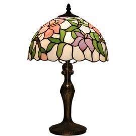 Tiffany Lamp Stained Glass Table Lamp Vintage Bedside Reading Lamp 12 x 19” Pink Flower Style Decorative Accent Lamp for Desk Study Living Room Bedroom Office Night Light Home Decor Gift
