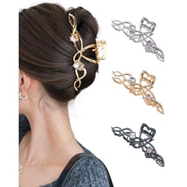 Ufgin 3 PCS Metal Hair Claw Clips Rhinestone Large Hair Clips Strong Hold Non-Slip Hair Barrette for Thick and Thin Hair（Wave）