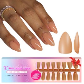 KQueenest Gel x Nail Tips Short Almond - Soft Gel Nail Tips Kit, Acrylic Press on Nails Short Stiletto, Natural Pre Colored Gel Tips Nails Fake Nails for Neutral Dark Skin 15 Sizes (Brown)