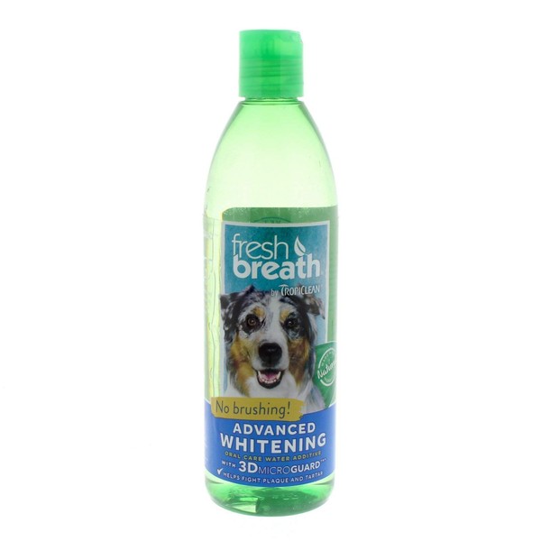 TropiClean Fresh Breath Oral Care Water Additive for Dogs, 16oz - Dog Breath Freshener + Advanced Whitening - Plaque & Tartar Defense - No Toothbrush Required