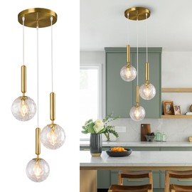 FDPBY Mid Century Globe Pendant Light with Clear Glass for Kitchen Island Modern Gold Finish Hanging Light Fixture Retro Round Pendant Lighting for Living Room Bedroom Entryway(3 Lights)