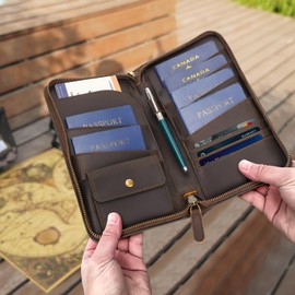 Polare Full Grain Leather Family Passport Holder Travel Documents Organizer RFID Blocking Wallet with Coin Pouch and AirTag Slot Fits 6 Passports