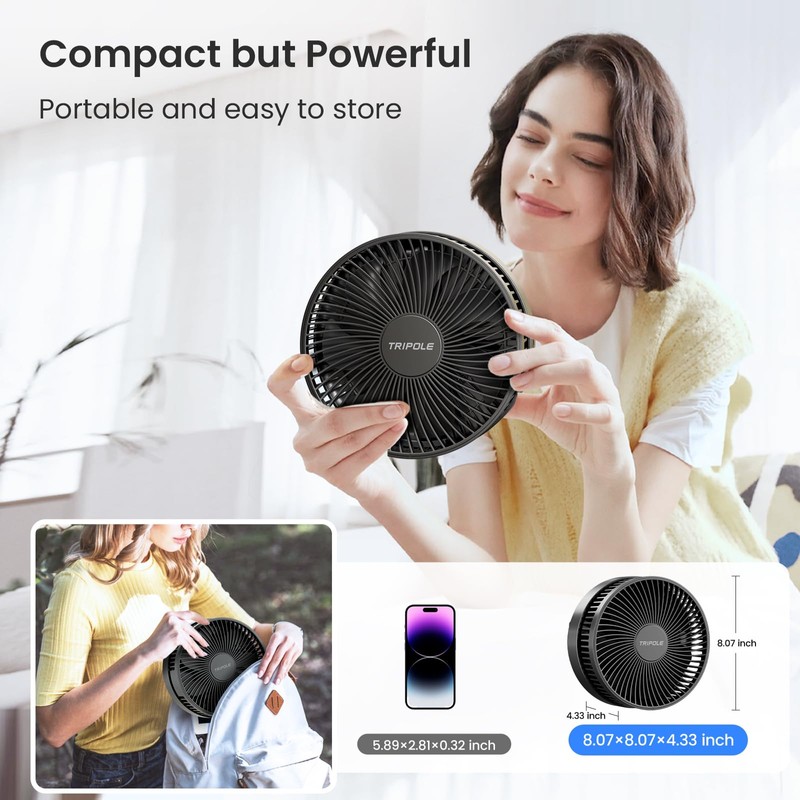 TriPole Portable Standing Fan, 8000mAh Rechargeable Oscillating Fan with Remote,