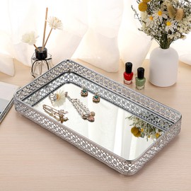 ELLDOO Perfume & Makeup Mirror Tray - Silver Metal Organizer for Dresser & Bathroom Countertop, Hollow-Carved Design Jewelry Storage Large Size 13.8" x 7.9"