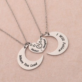 LQRI Mother Daughter Necklace Set Where You Lead I Will Follow Mother Daughter Matching Moon Love Heart Necklace Gift for Mom and Daughter (set necklace)